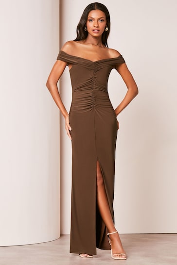 Lipsy Brown Bardot Ruched Front Maxi Dress