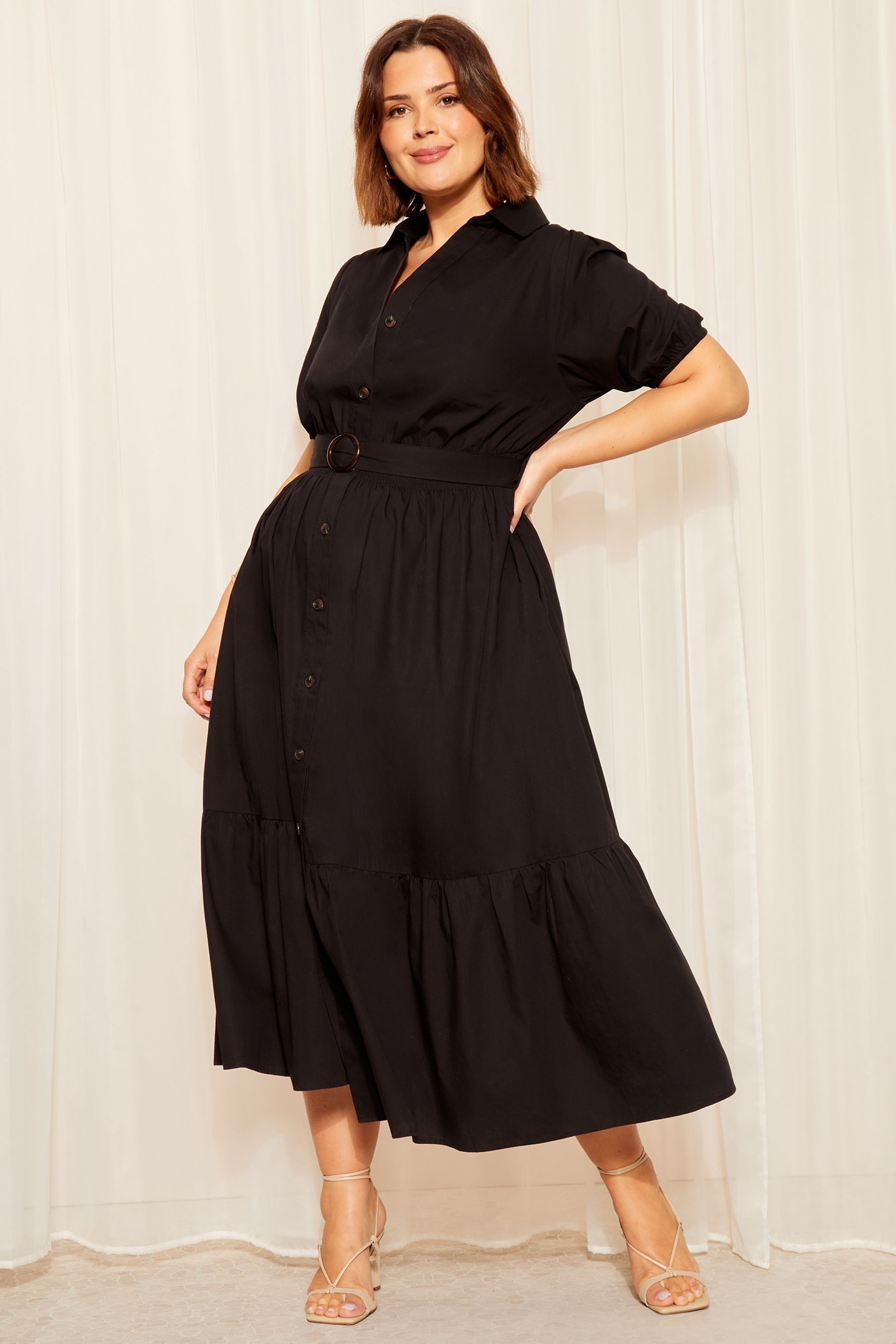 Curves Like These Black Belted Button Through Midi Dress