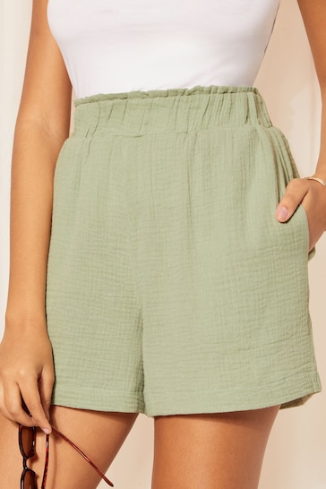 Friends Like These Green Textured Crinkle Cotton Shorts