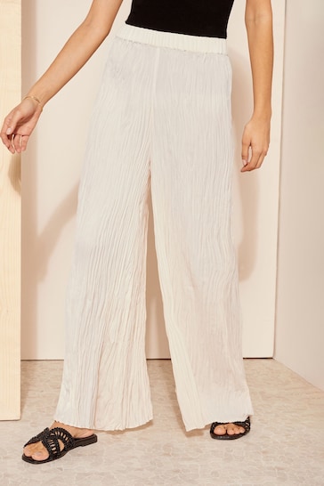 Friends Like These Cream Crushed Crinkle Satin Wide Leg Elasticated Trousers