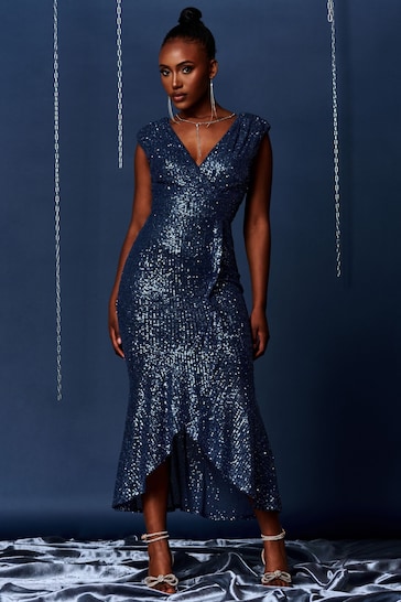 Jolie Moi Blue Sequin Wrap Fishtail Maxi Dress