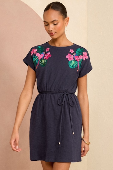Love & Roses Navy Blue Embroidered T Shirt Jersey Mini Dress