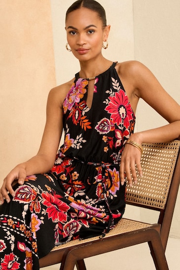 Love & Roses Black Floral Halter Neck Trim Detail Jersey Maxi Dress