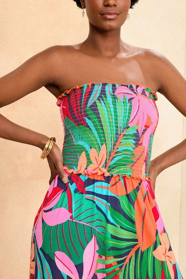 Love & Roses Tropical Shirred Bandeau Split Maxi Jersey Dress