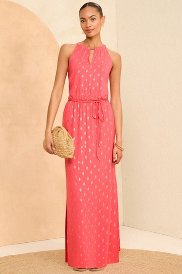 Love & Roses Pink Foil Halter Neck Trim Detail Jersey Maxi Dress