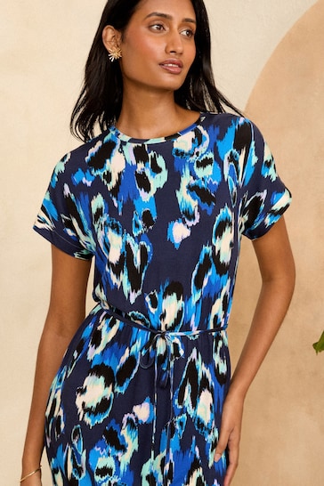 Love & Roses Blue Animal Midi Tie Waist Jersey T-Shirt Dress