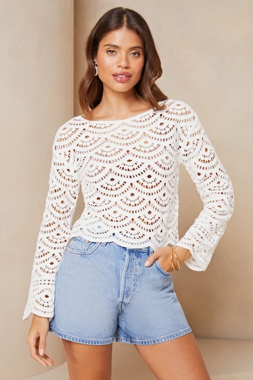 Lipsy Ivory White Sheer Long Sleeve Crochet Top