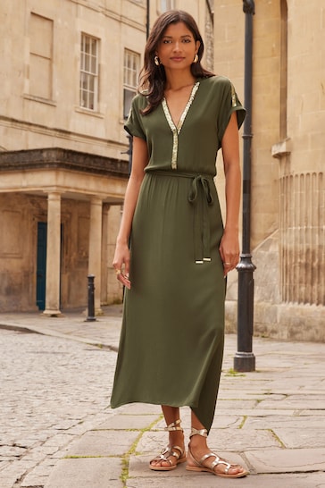 Love & Roses Khaki Green Petite Sequin Trim Hanky Hem Shorts Sleeve Midi Dress