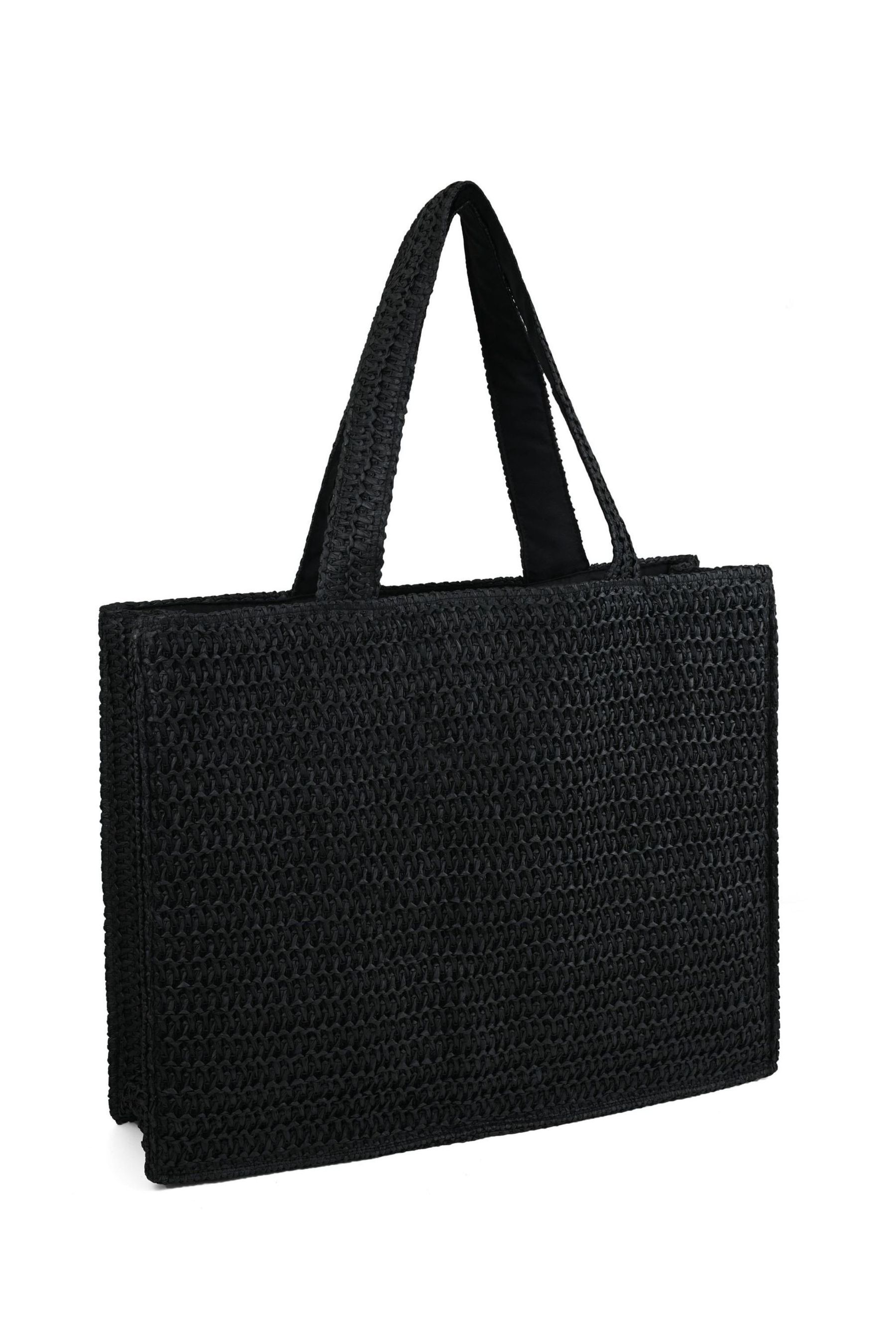 South Beach Black Straw Woven Shoulder Tote Bag