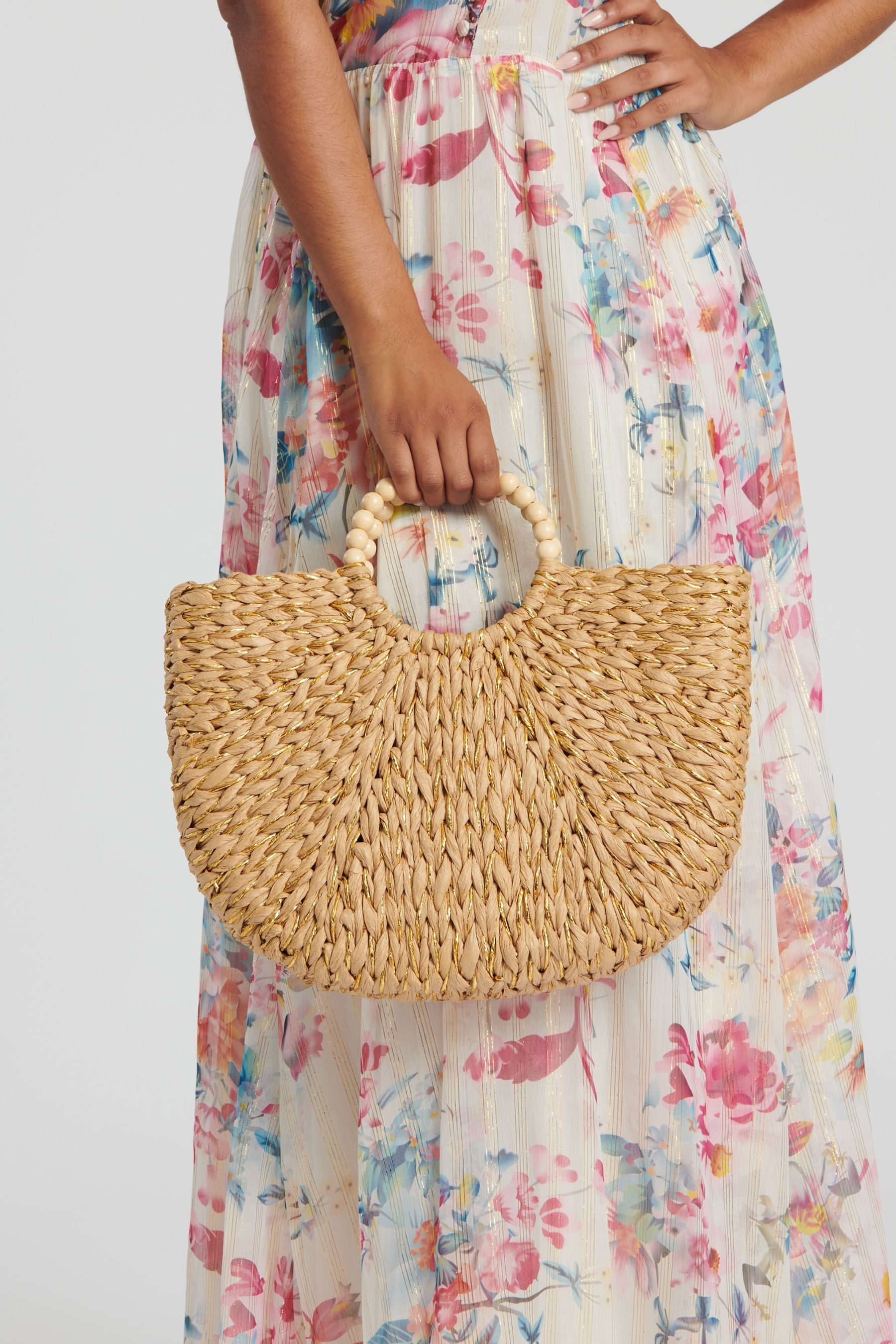 Buy South Beach Gold Clutch With Straw And Beaded Handle from the Next UK online shop