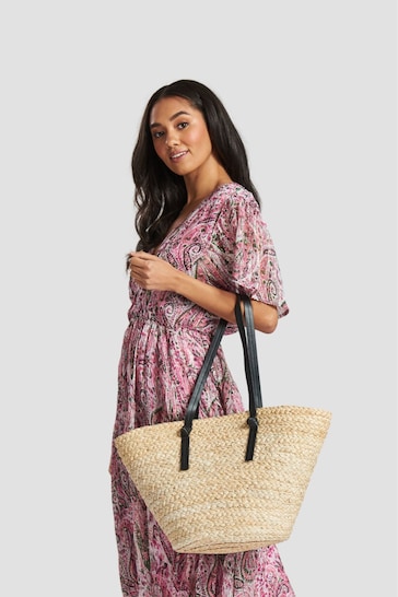 South Beach Brown Shoulder Straw Tote Bag