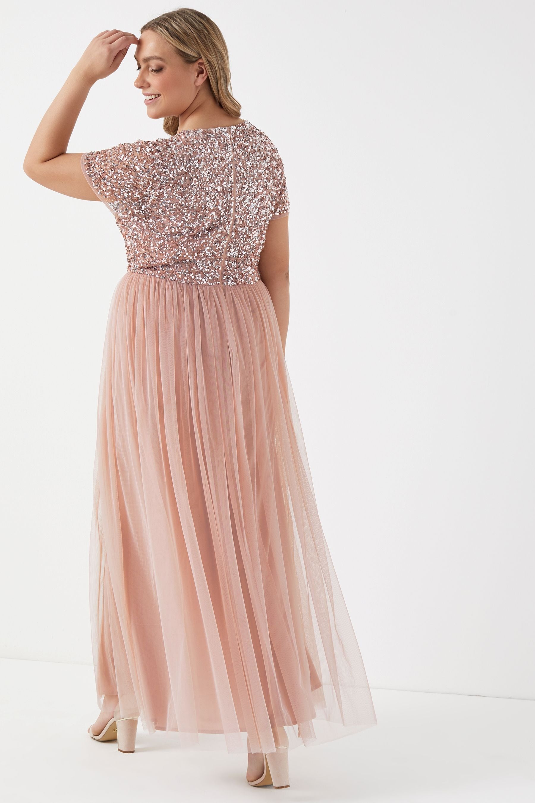 Maya Pink Curve V Neck Short Sleeve Sequin Maxi Dress