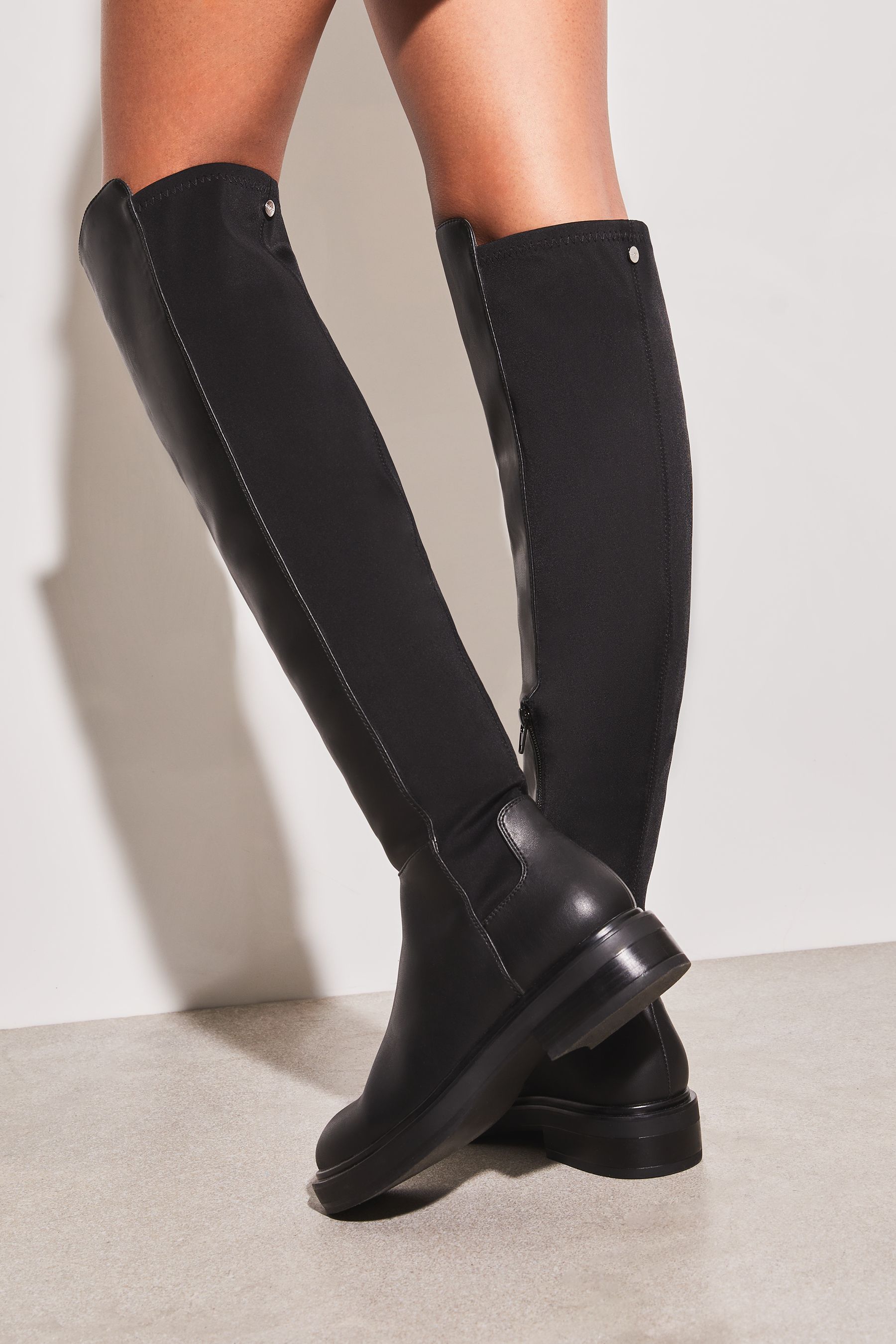 Buy Lipsy Black Faux Leather Flat Faux Leather Knee High Boot from