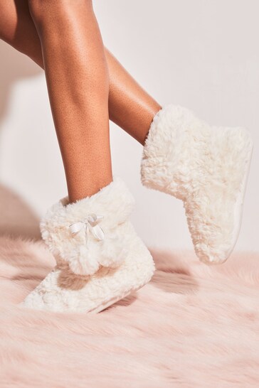 Lipsy White Faux Fur Pom Bootie Slippers