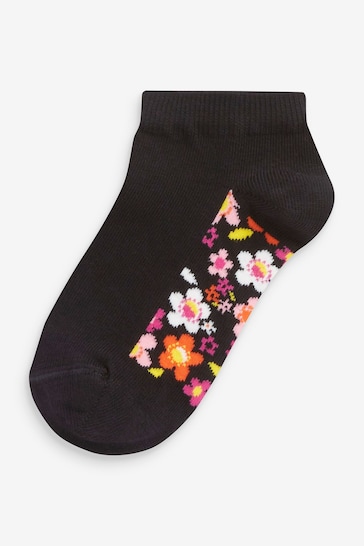Black Floral 5 Pack Cotton Rich Footbed Trainer Socks