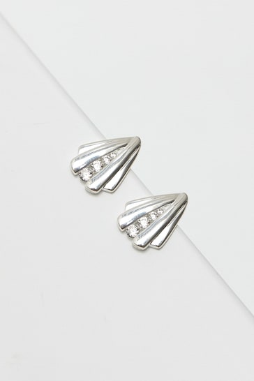 Simply Silver Tone Polished And Cubic Zirconia Shell Stud Earrings