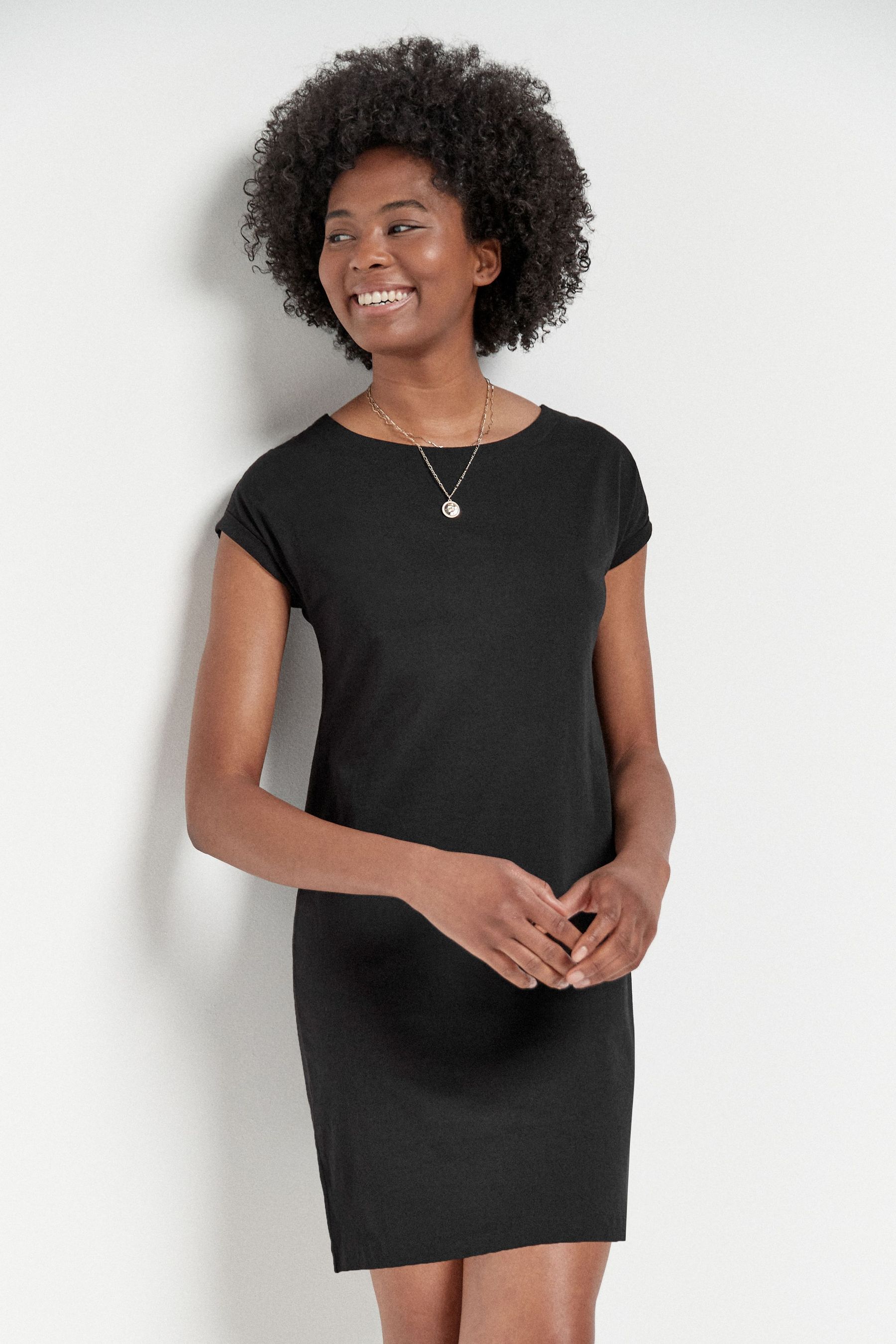 Black 100 Cotton Relaxed Capped Sleeve Tunic Dress