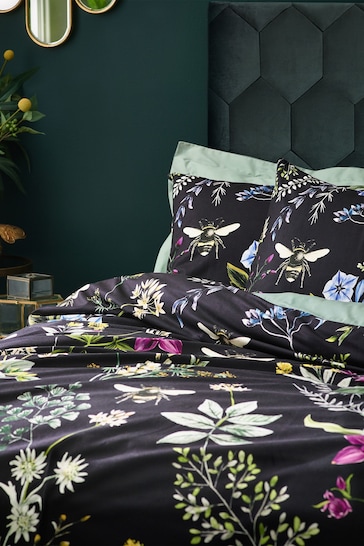 Wylder Black Midnight Bee Floral Printed Velvet Duvet Cover and Pillowcase Set