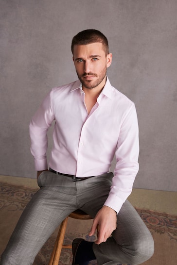 Pink Slim Fit Signature Textured Single Cuff Shirt With Trim Detail