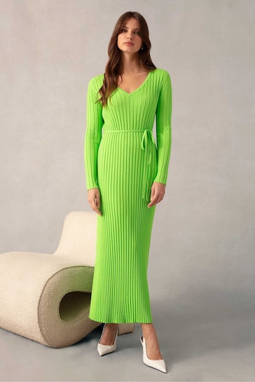 Ro&Zo Green Lime Wide Rib Knit V-Neck Dress