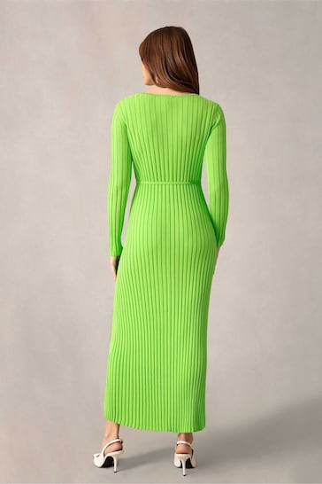 Ro&Zo Green Lime Wide Rib Knit V-Neck Dress