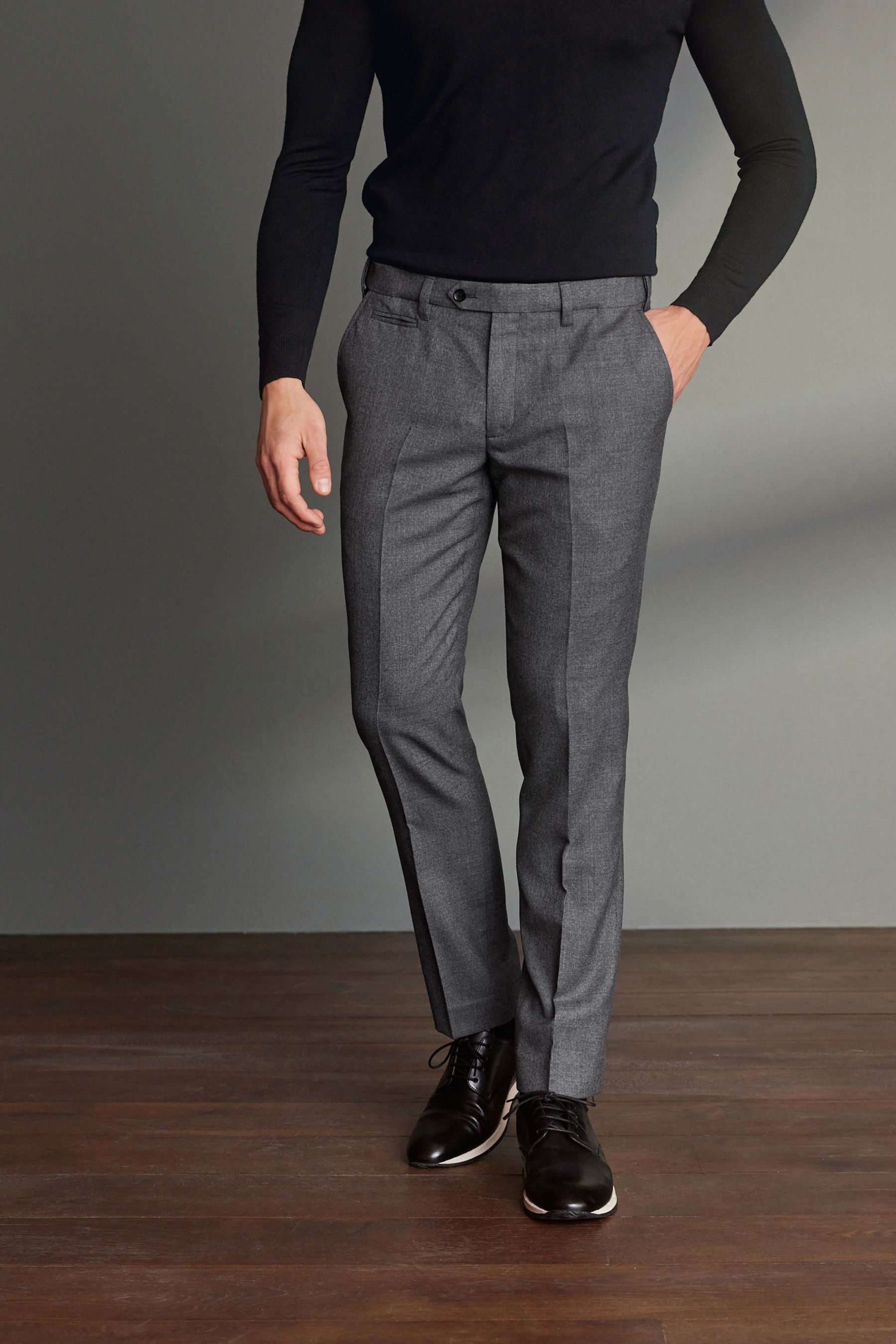 Grey Slim Fit Signature 100 Wool Trousers With Motion Flex Waistband