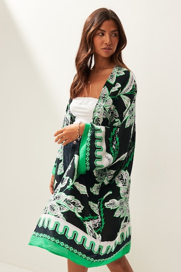 Black/Green Leaf Print Longline Kimono Cover-Up