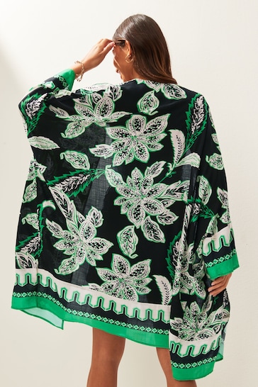 Black/Green Leaf Print Longline Kimono Cover-Up