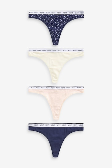 Navy/ Pink Spot Thong Cotton Rich Logo Knickers 4 Pack