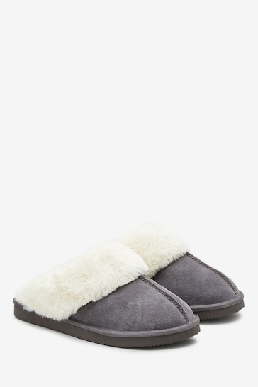 Grey Suede Faux Fur Lined Mule Slippers