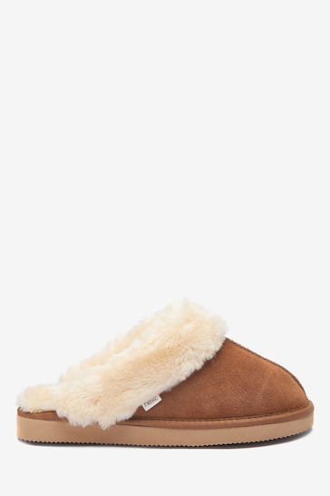Chestnut Brown Suede Faux Fur Lined Mule Slippers
