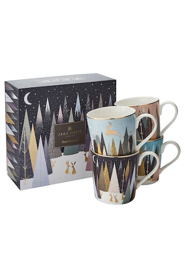 Sara Miller Set of 4 Blue Portmeirion Frosted Pines Christmas Mugs