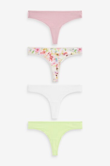 Floral Print/Plain Thong Cotton Rich Knickers 4 Pack