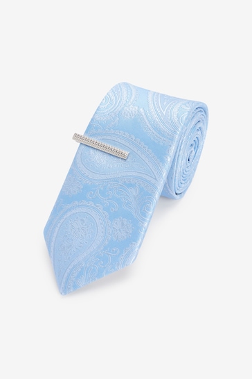 Light Blue Paisley Slim Pattern Tie And Tie Clip