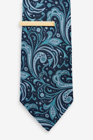 Navy Blue Paisley Slim Pattern Tie And Tie Clip