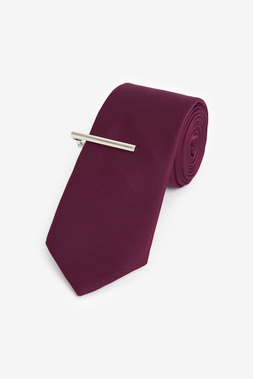 Burgundy Red Twill Ties With Tie Clip 2 Pack