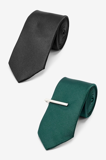 Black/Forest Green Twill Ties With Tie Clip 2 Pack