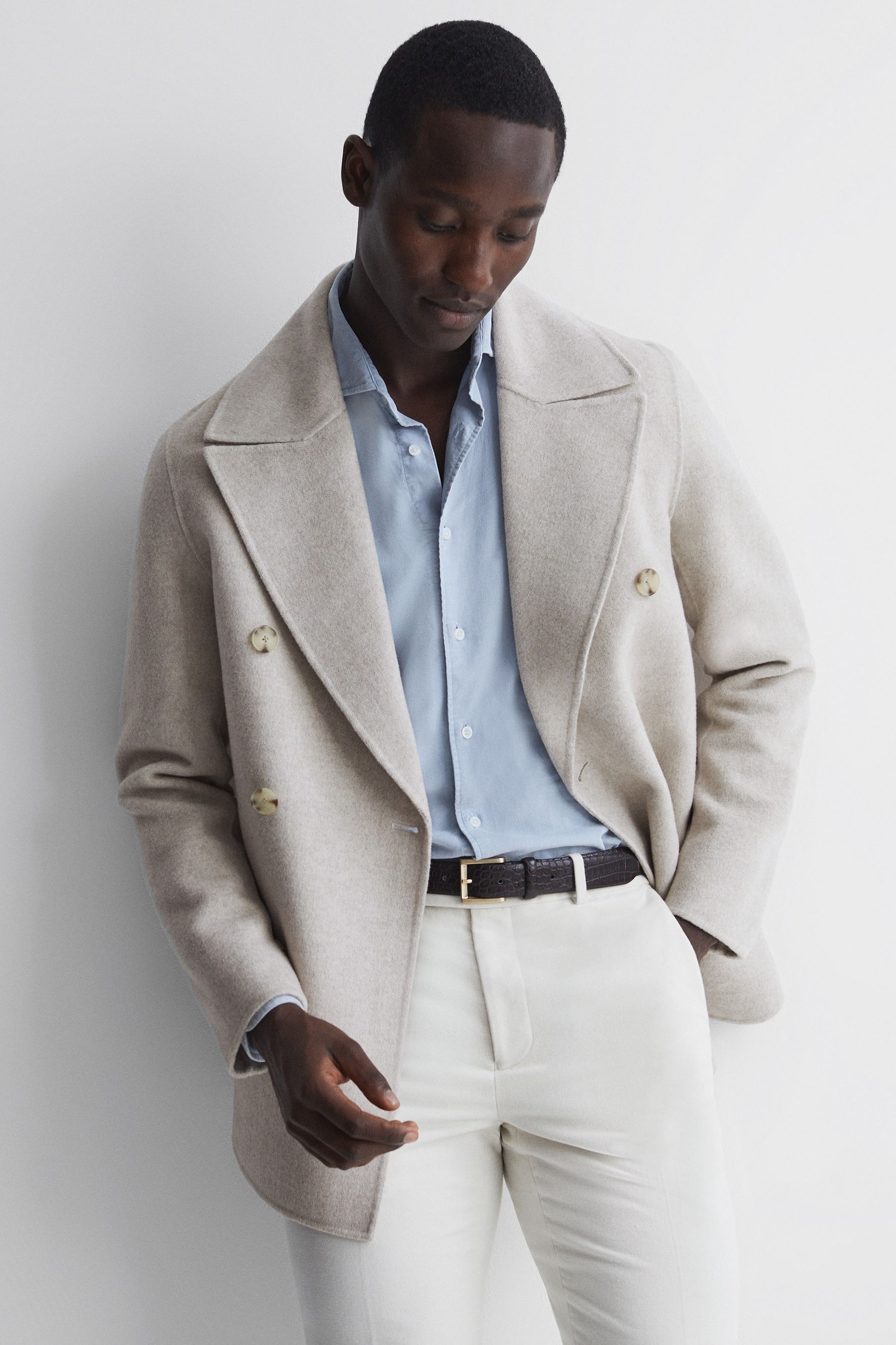 Buy Reiss Oatmeal Bolzano Wool Blend Double Breasted Coat from the