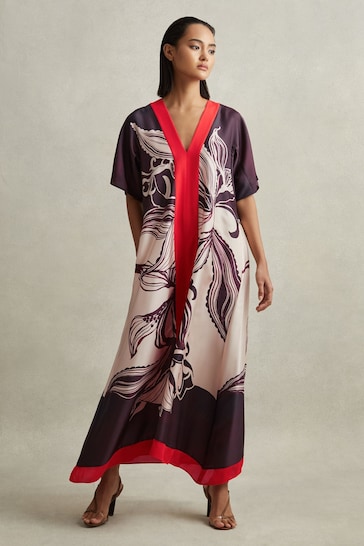 Reiss Ivory/Burgundy Hanna Printed Front Split Midi Dress