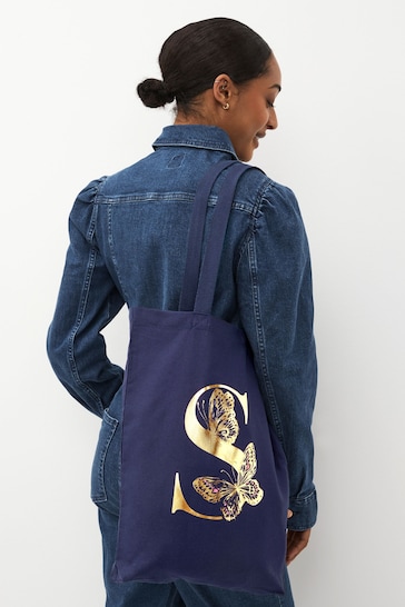 Navy Blue Cotton Reusable Monogram Bag For Life