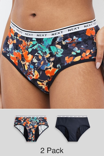 Navy Floral Print/Plain Navy Short Heavy Flow Period Knickers 2 Pack