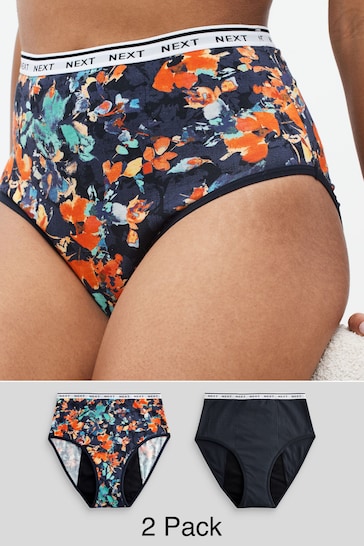 Navy Floral Print/Plain Navy Full Brief Heavy Flow Period Knickers 2 Pack