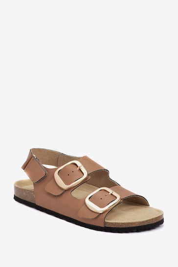 Tan Brown Back Strap Leather Footbed Sandals