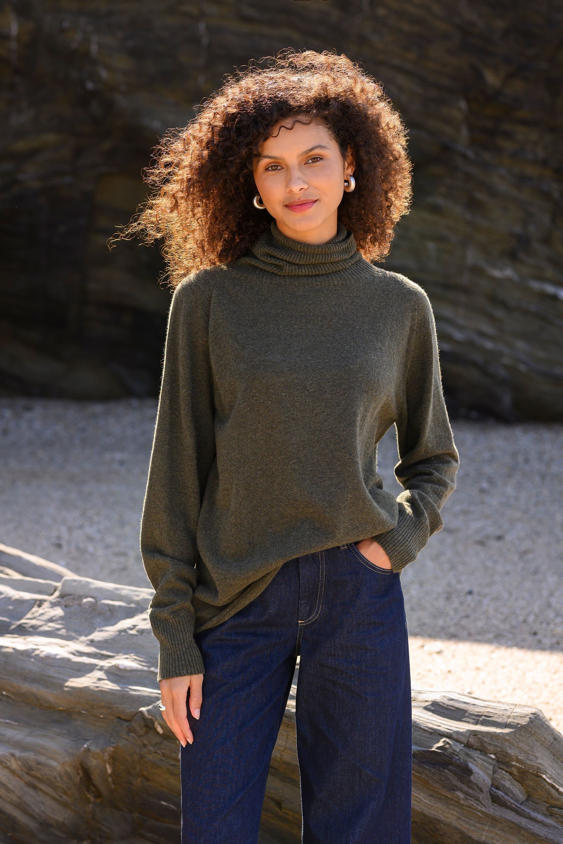 Olive green roll neck jumper hotsell