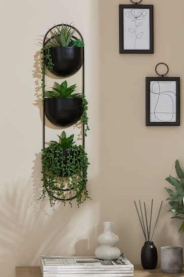 Black Bronx Wall Planter With Artificial Plants