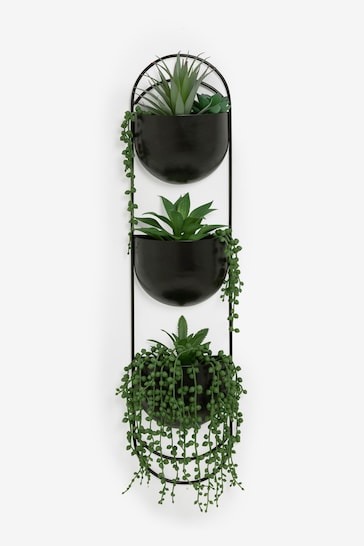 Black Bronx Wall Planter With Artificial Plants