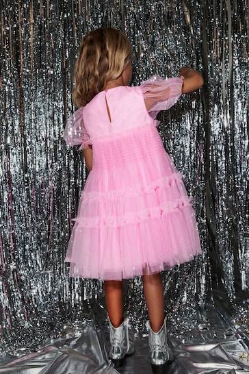Pink Tulle Mesh Puff Sleeve Occasion Party Dress (3-16yrs)