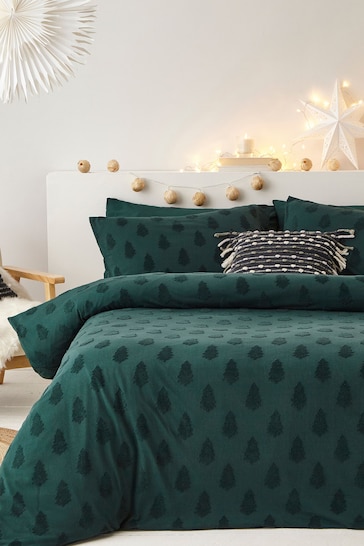 The Linen Yard Pine Green Tufted Tree Festive Cotton Duvet Cover and Pillowcase Set