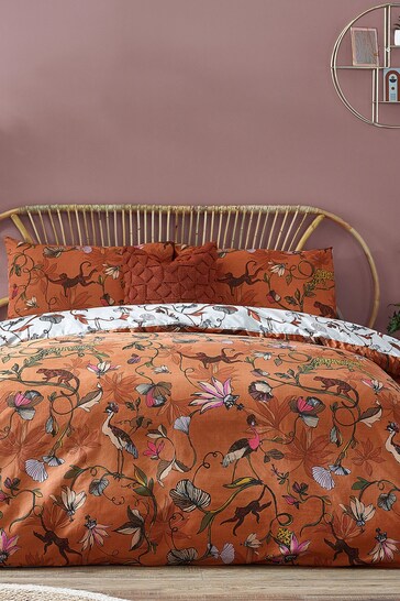 furn. Warm Sienna Rust Wildlings Tropical Reversible Duvet Cover and Pillowcase Set