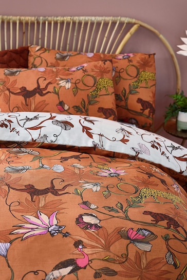 furn. Warm Sienna Rust Wildlings Tropical Reversible Duvet Cover and Pillowcase Set